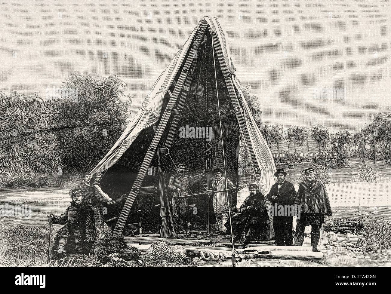 Apparecchio per la costruzione del suono utilizzato per i lavori preparatori della Torre Eiffel al Champ de Mars di Parigi, Francia. Vecchia illustrazione di la Nature 1887 Foto Stock