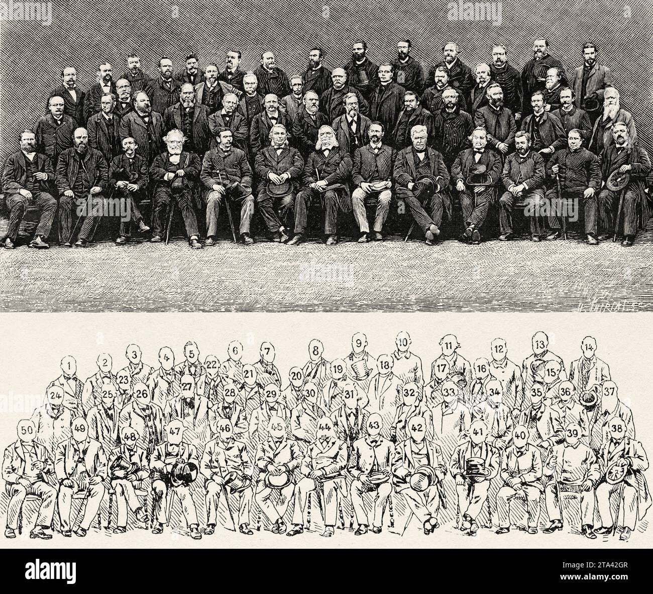 MM (1) Paul Henry, (2) Prosper Henry, (3) P. Gautier, (4) Thiele, (5) Beuf, g) A. Cornu, (7) Bouquet de la Grye, (8) Cruls, (9) Winterhalter, (10) Eder, (11) Fizeau, (12) Baillaud, (15) Vogel, (14) Donner, (15) Steinheil, (16) Schœnfeld, (17) Krueger, (18) R.-P Perry, (19) Oom, (20) Pujazon, (21) Laussedat, (22) T'acchini, (25) E. Gautier, (24) Wolf, (25) Knobel, (26) Common, (27) Russell, (28) Peters, (29) Lœwy, (30) Folie, (51) Weiss, (52) Gylden, (55) Gill, (54) Lohse, (35) Hasselberg, (56) Péchule, (57) Tennant, (38) Trépied, (39) Oude-mans, (40) Tisserand, (41) Bertrand, (42) Faye, (45 Foto Stock