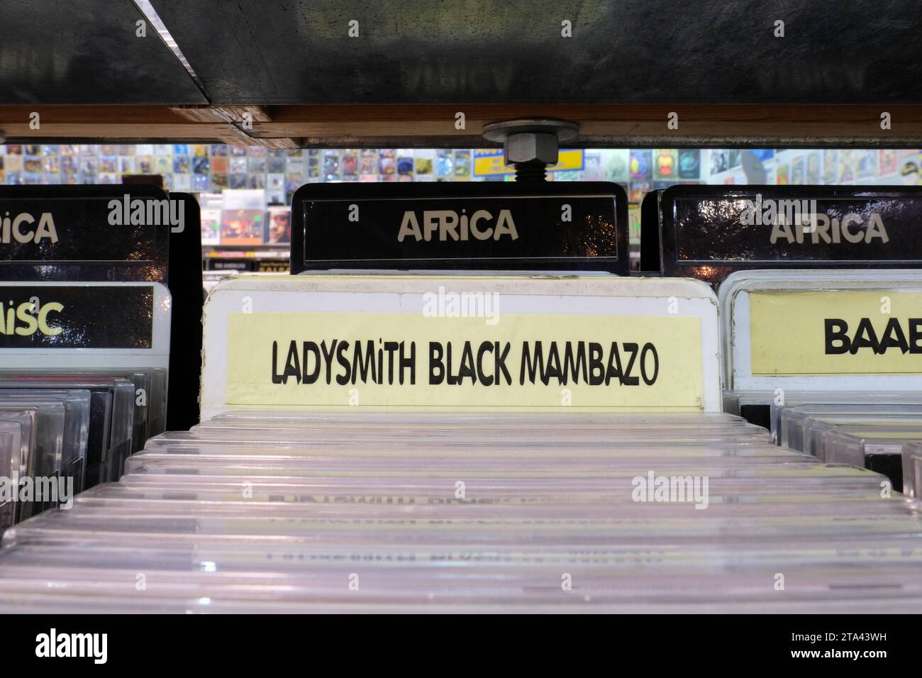 L'etichetta Ladysmith Black Mambazo nel negozio Amoeba Music ha utilizzato la sezione CD per artisti provenienti dall'Africa; San Francisco, California; musica sudafricana. Foto Stock