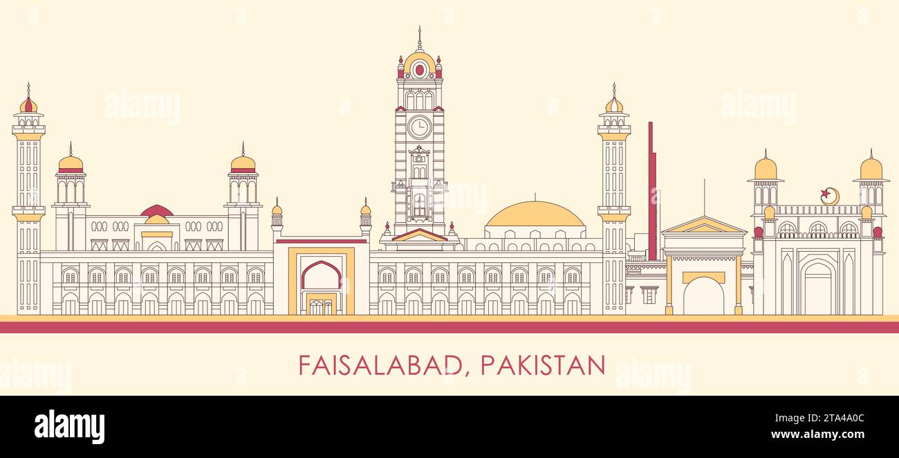 Panorama cartoon Skyline della città di Faisalabad, Pakistan - illustrazione vettoriale Illustrazione Vettoriale