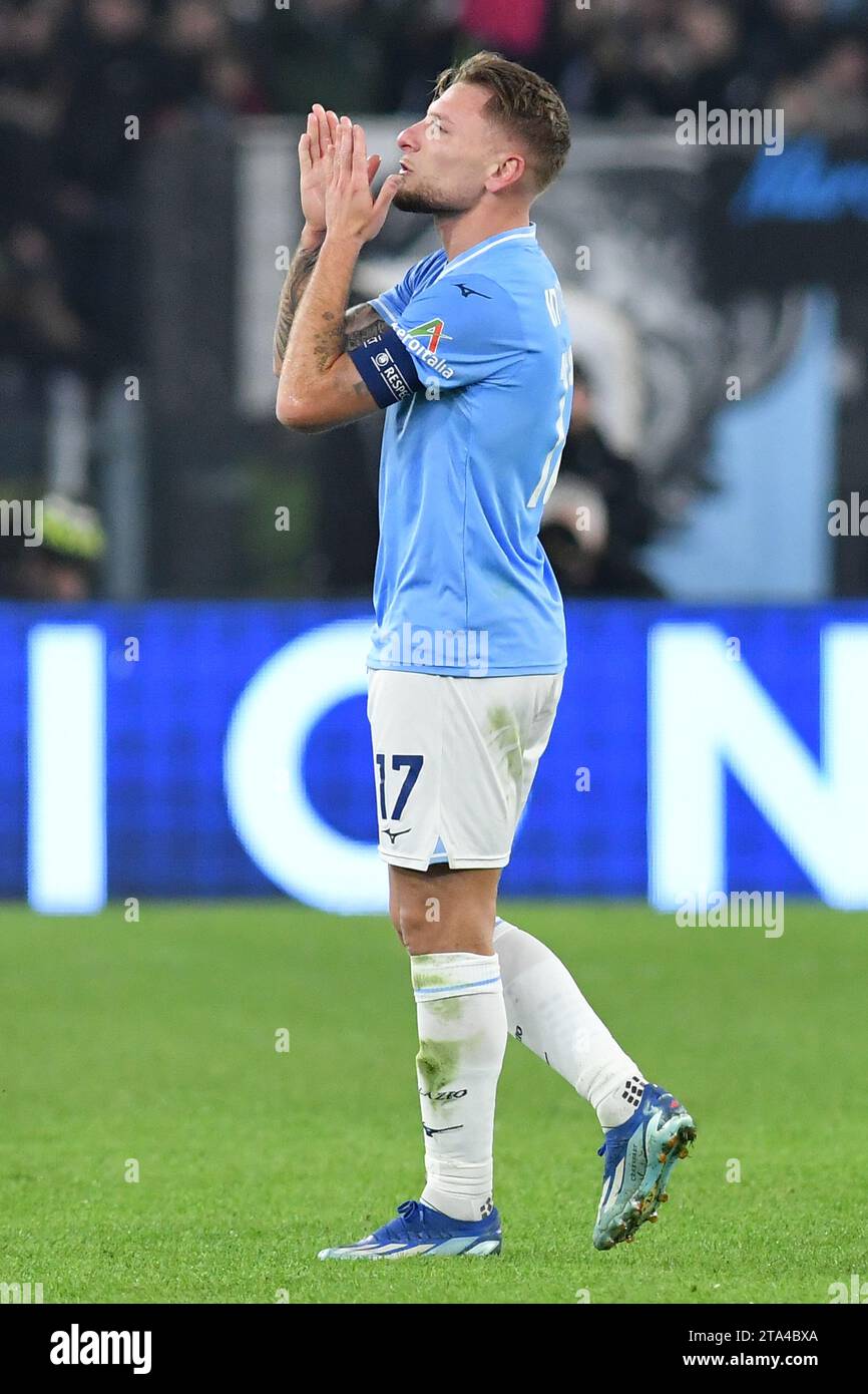 Roma, Lazio. 28 novembre 2023. Ciro immobile della SS Lazio celebra il gol segnato durante la partita di Champions League tra Lazio e Celtic allo stadio Olimpico, Italia, 28 novembre 2023. Photographer01 Credit: Independent Photo Agency/Alamy Live News Foto Stock