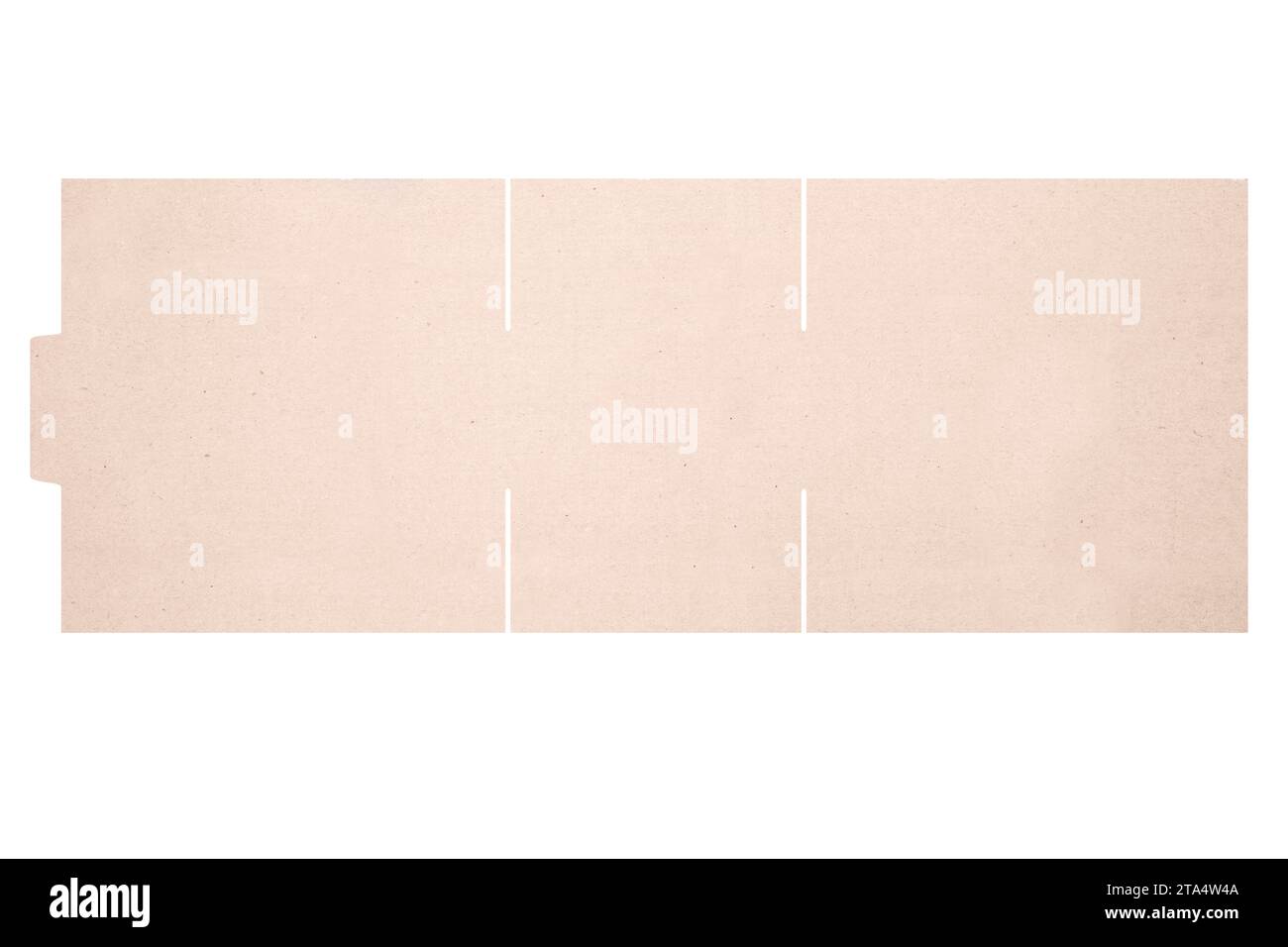 Modello di mockup scatola di cartone con motivo fustellato isolato su sfondo bianco. Lunghezza 30 cm x larghezza 20 cm x altezza 10 cm Foto Stock