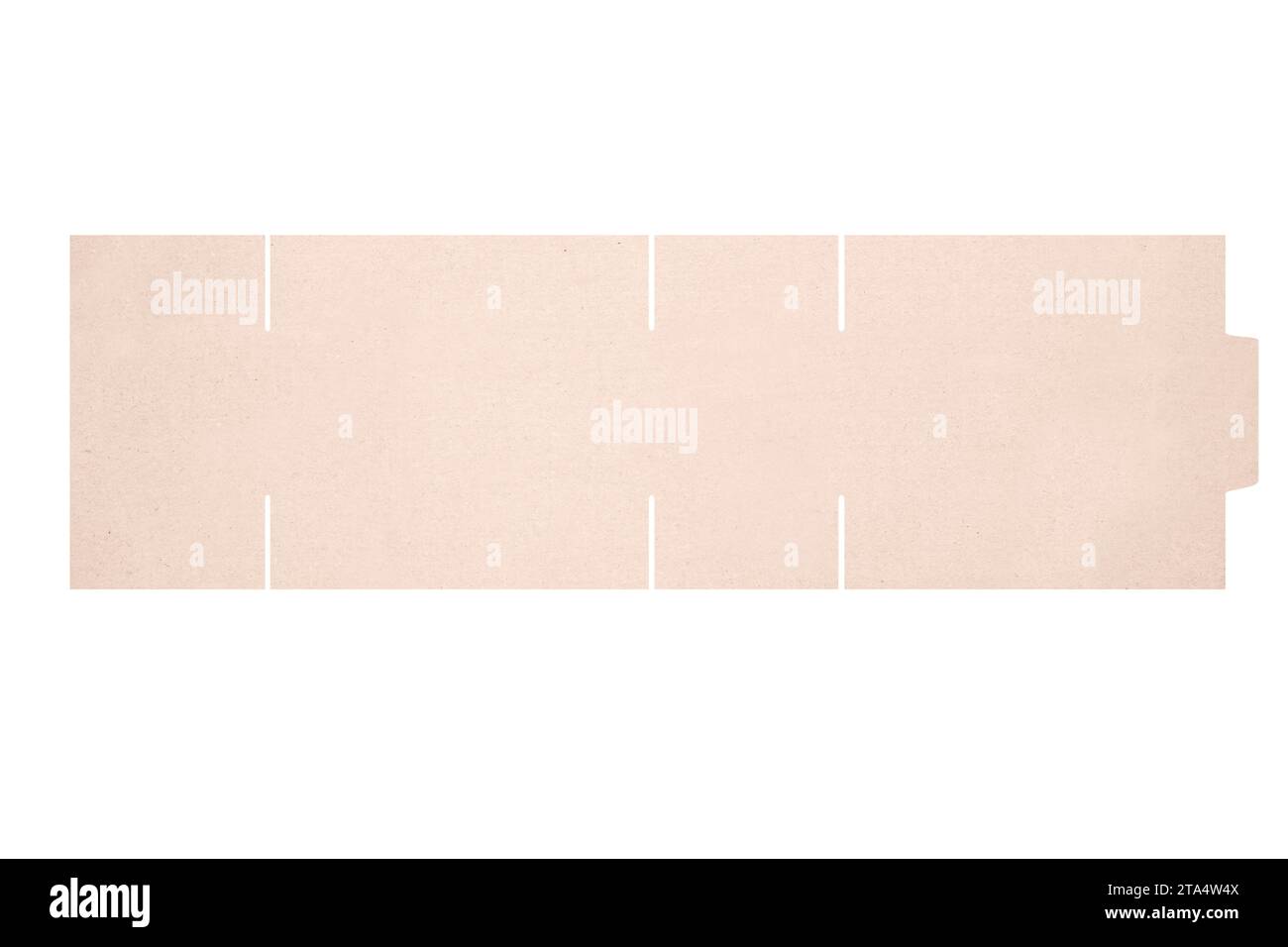 Modello di mockup scatola di cartone con motivo fustellato isolato su sfondo bianco. Lunghezza 32 cm x larghezza 15 cm x altezza 13 cm Foto Stock