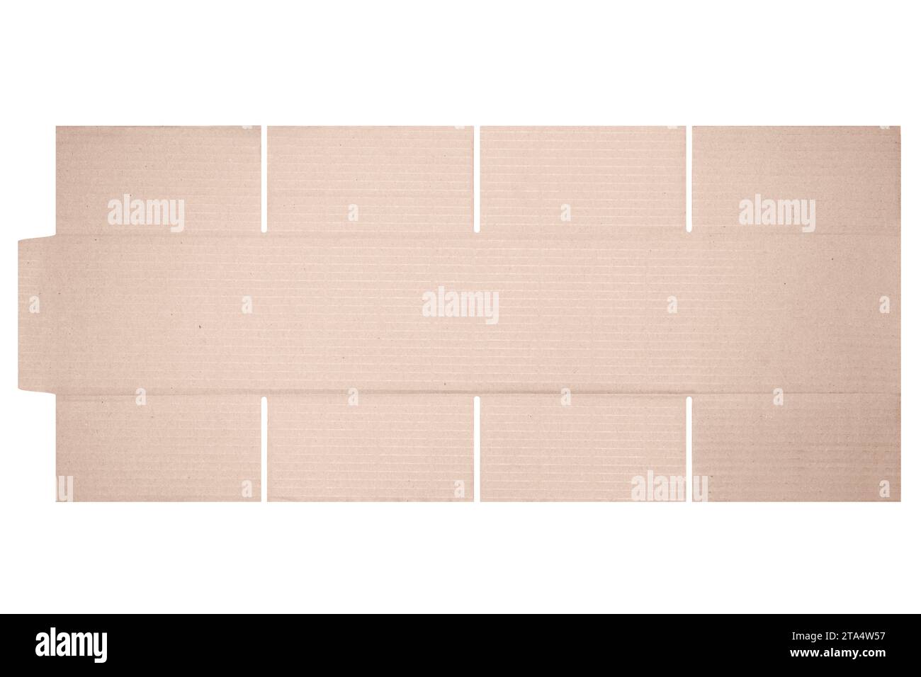 Modello di mockup scatola di cartone con motivo fustellato isolato su sfondo bianco. Lunghezza 20 cm x larghezza 20 cm x altezza 15 cm Foto Stock