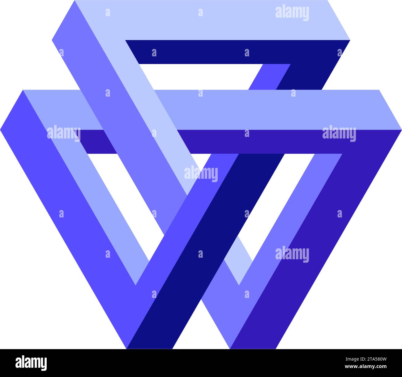 Forma triangolare impossibile. Illusione visiva ottica. Simbolo del loop Infinite triangolare. Forma geometrica irreale viola blu. Elemento puzzle solido per logo, icona, etichetta, tag, decorazioni. Illustrazione vettoriale Illustrazione Vettoriale