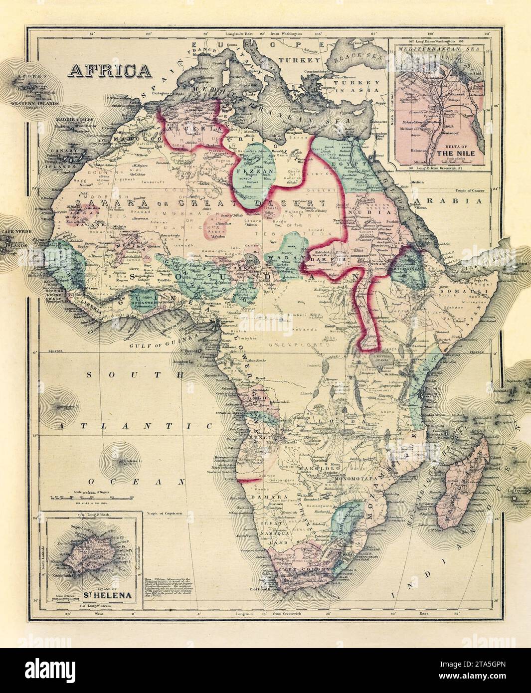 Vecchia mappa dell'Africa con San Helena e Delta del Nilo inseriscono mappe. Di Gray e Davis, publ. A Philadelphia, 1814 Foto Stock
