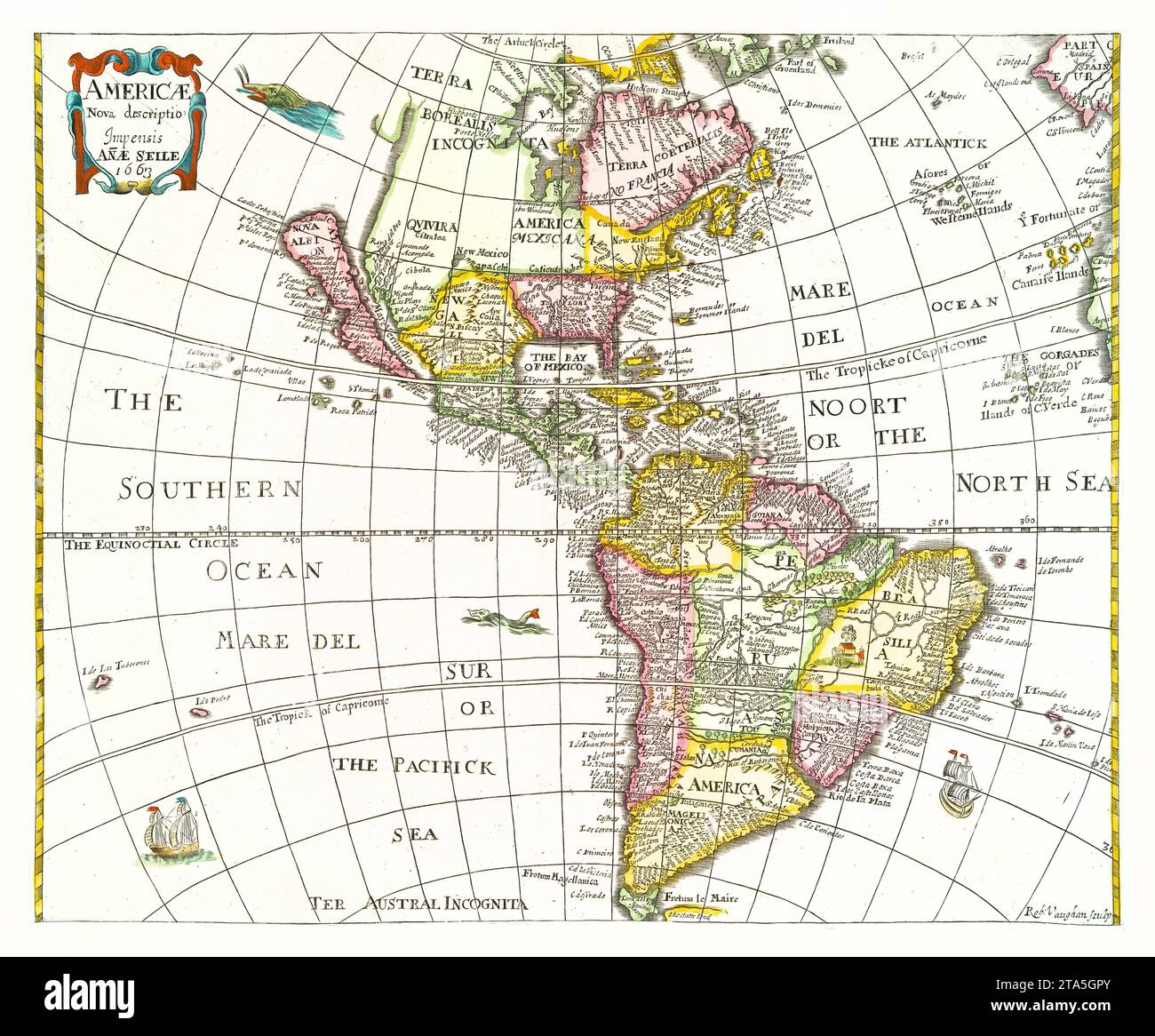 Vecchia mappa dell'America. Di Heylyn, publ. A Londra, 1663 Foto Stock