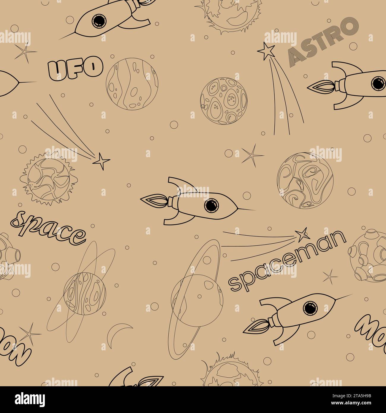 Pianeti, razzi e stelle senza giunture nello spazio Illustrazione Vettoriale