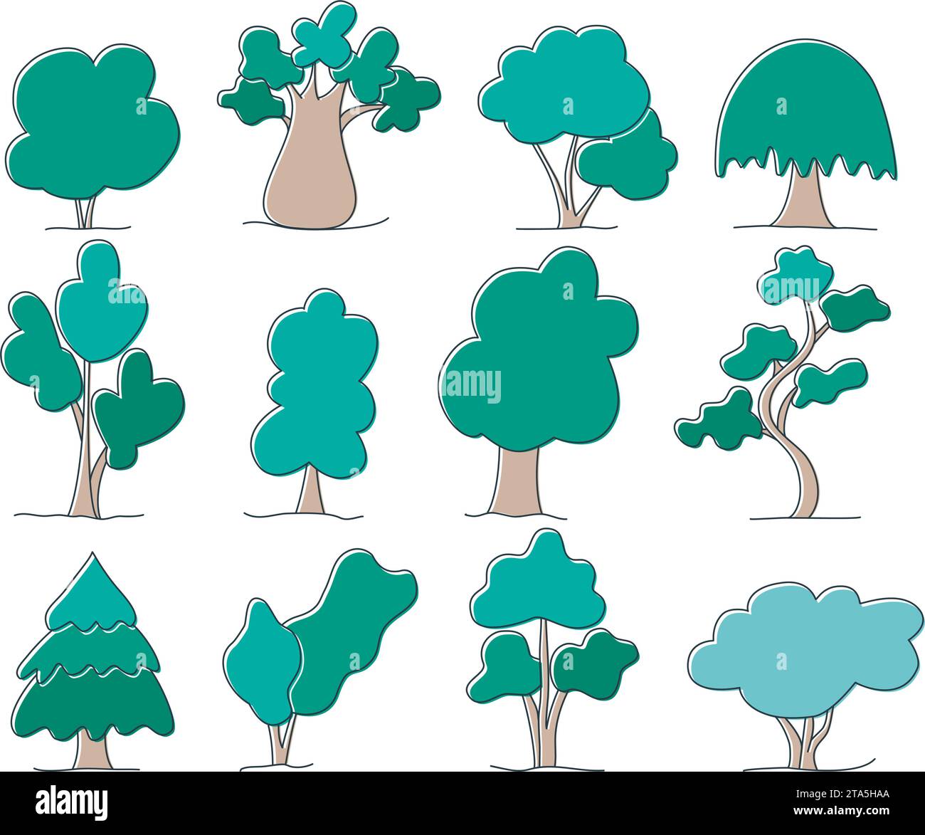 Set di stili di schizzo dei doodle color alberi. Disegni a mano di alberi e arbusti diversi e semplici. Alberi verdi dei cartoni animati, illustrazione vettoriale isolata Illustrazione Vettoriale