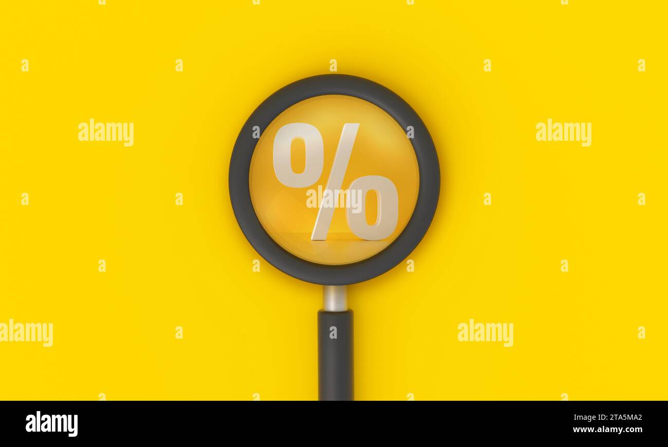 Lente di ingrandimento che guarda al segno percentuale per sconti su sfondo giallo. Rendering 3D. Foto Stock