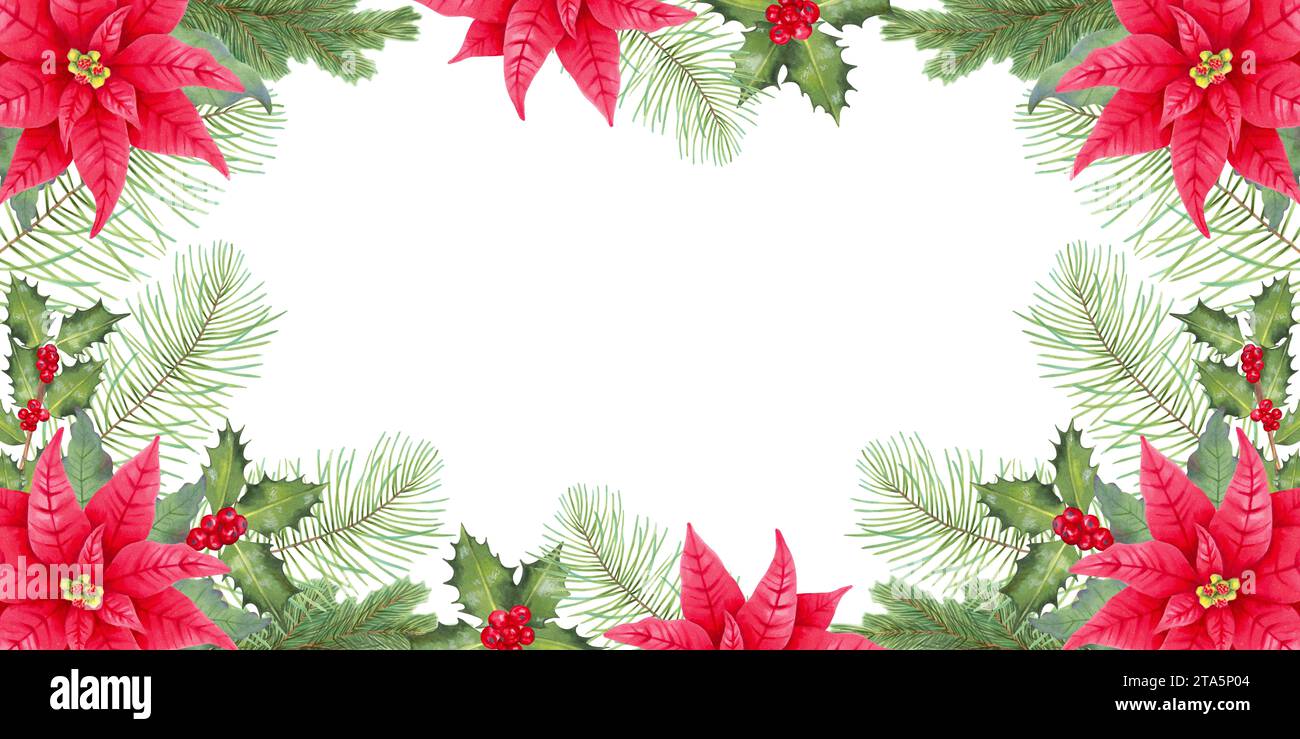 Cornice orizzontale natalizia con fiore di poinsettia, rami di pino e holly con bacche rosse e posto per testo.sfondo per carte,inviti.Waterco Foto Stock