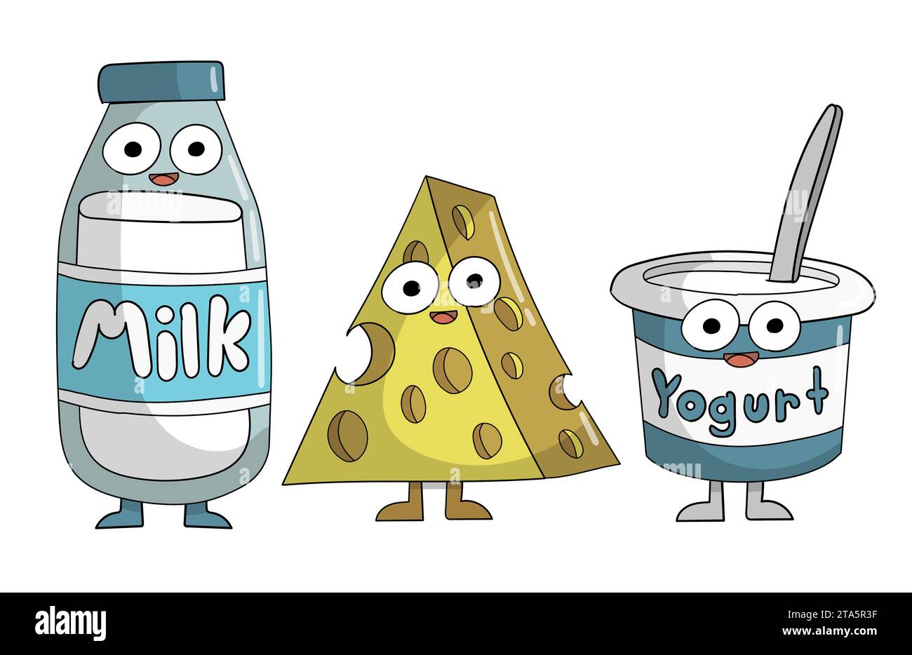 Latte carino, yogurt, cartoni animati con formaggio Foto Stock