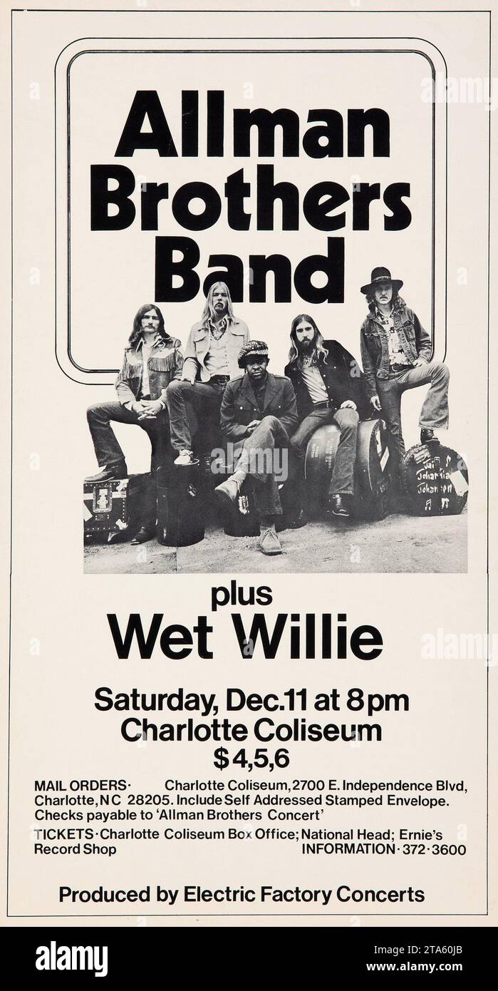 Allman Brothers Band e Wet Willie, 1971 Charlotte, North Carolina - poster del concerto in bianco e nero d'epoca Foto Stock