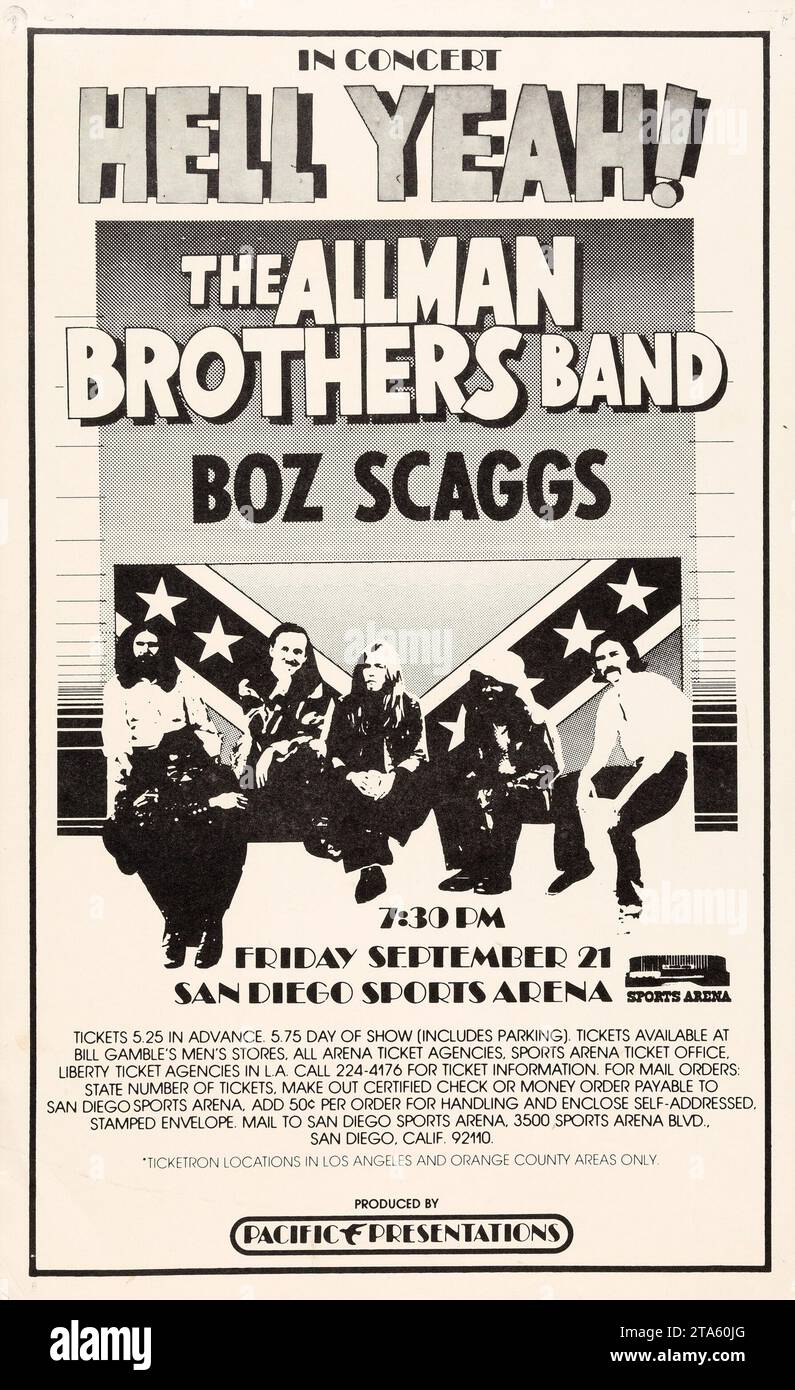 The Allman Brothers Band + Boz Scaggs - 1973 "Hell Yeah!" San Diego, California, poster dei concerti in bianco e nero. Foto Stock