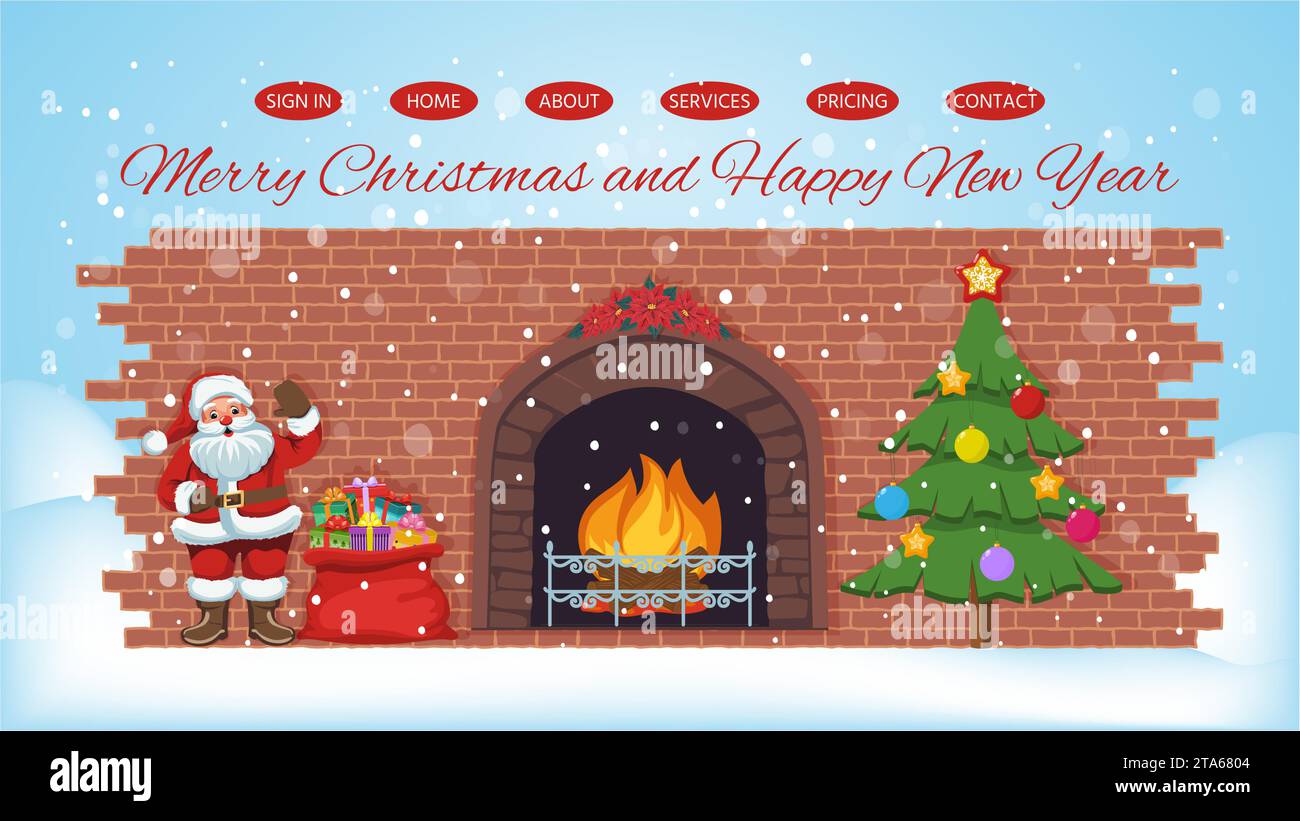 Modello di pagina Web per Natale e Capodanno. Pagina di destinazione per le festività invernali. Albero di Natale, Babbo Natale, caminetto, neve, borsa piena Illustrazione Vettoriale