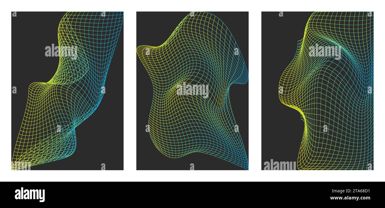 Griglie di sfumatura geometrica astratta brutale. Set di poster per retrofuturismo primitivo. Orizzontale prospettiva a reticolo nei colori verde neon e giallo. Superficie 3d poligonale, illustrazione vettoriale. Illustrazione Vettoriale