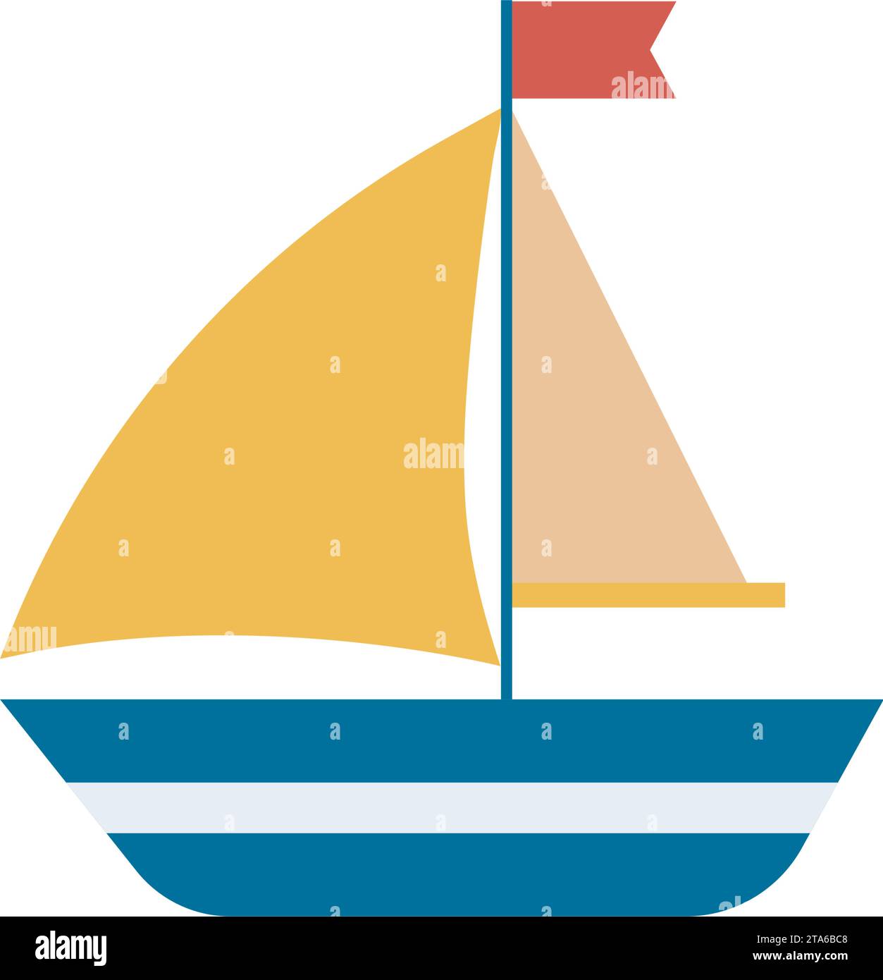 Barca marina giocattolo isolata su sfondo bianco. Semplice nave da mare con gancio a vela e bandiera art. Barca a vela, illustrazione vettoriale Illustrazione Vettoriale