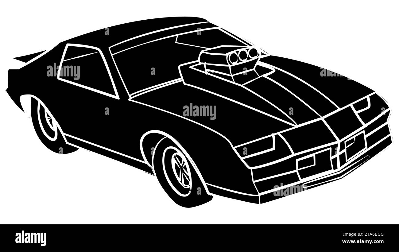 Silhouette di muscle car isometrica per corse di drag racing con un grande carburatore da corsa sul cofano isolato su bianco. Clipart vettoriale. Illustrazione Vettoriale