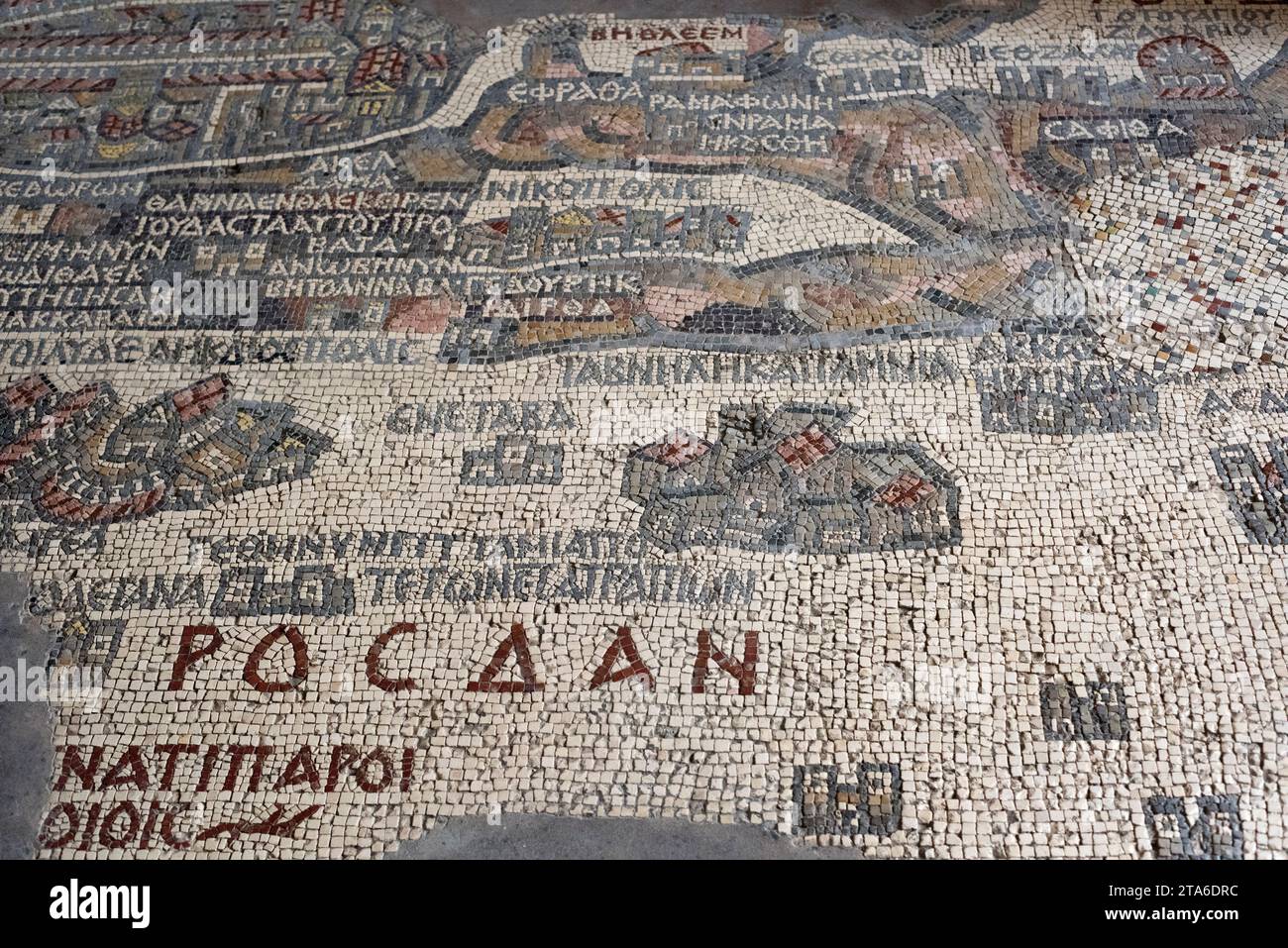 Mappa dei mosaici di Madaba nella chiesa di San Giorgio. Mappa della Terra Santa (vi secolo). Jordan Foto Stock