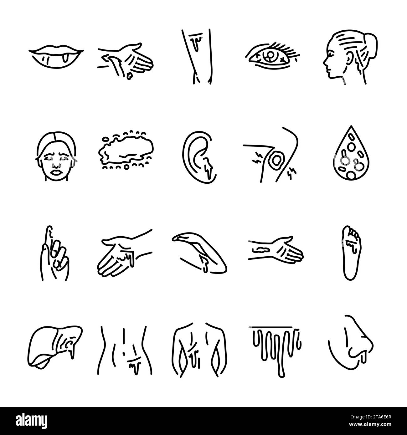 Sanguinamento da diverse parti del set di icone delle linee di colore del corpo. Pittogrammi per pagina Web, app mobile, promo. UI UX elemento di progettazione GUI. Tratto modificabile. Illustrazione Vettoriale