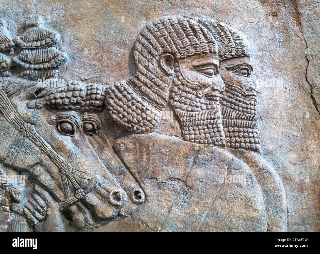 Londra, Regno Unito - 18 aprile 2022: Scultura in pietra assira dal Palazzo centrale di Nimrud, raffigurante un carro reale. Risalente al 725 a.C. British Museu Foto Stock