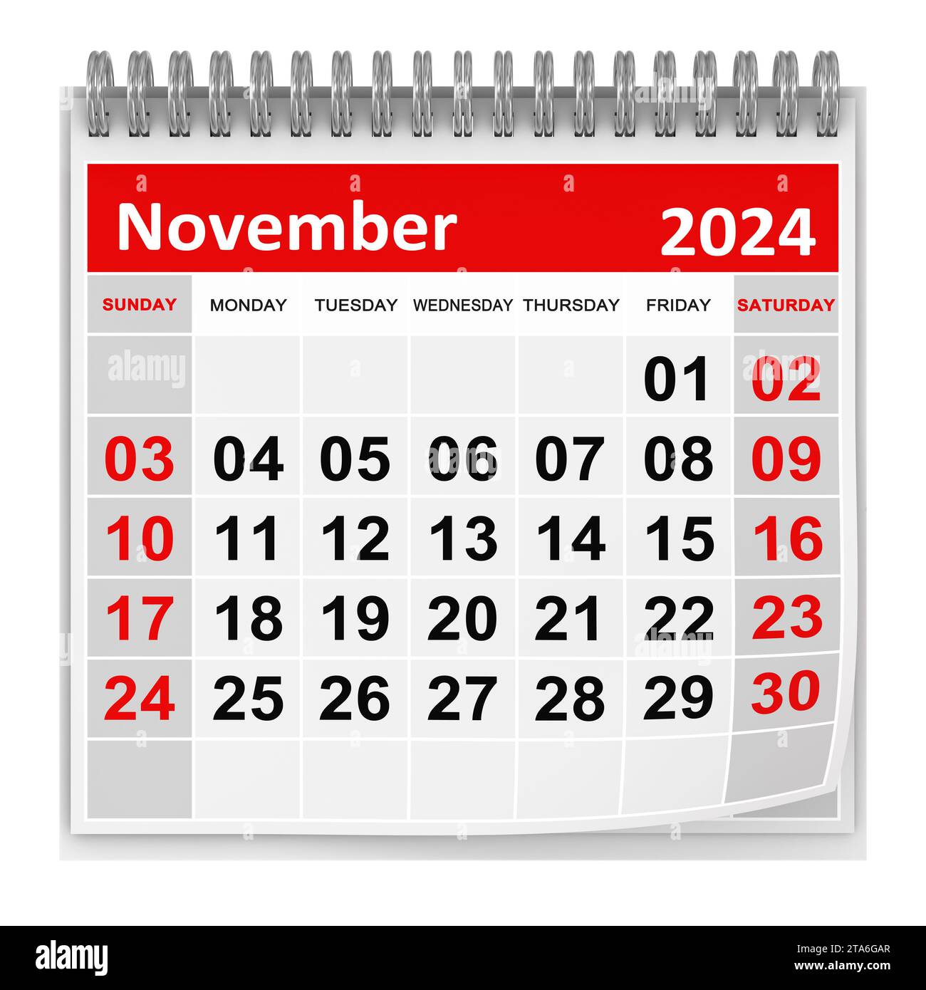 Calendario - novembre 2024 , si tratta di un'immagine generata dal computer con rendering 3D. Isolato su bianco. Foto Stock