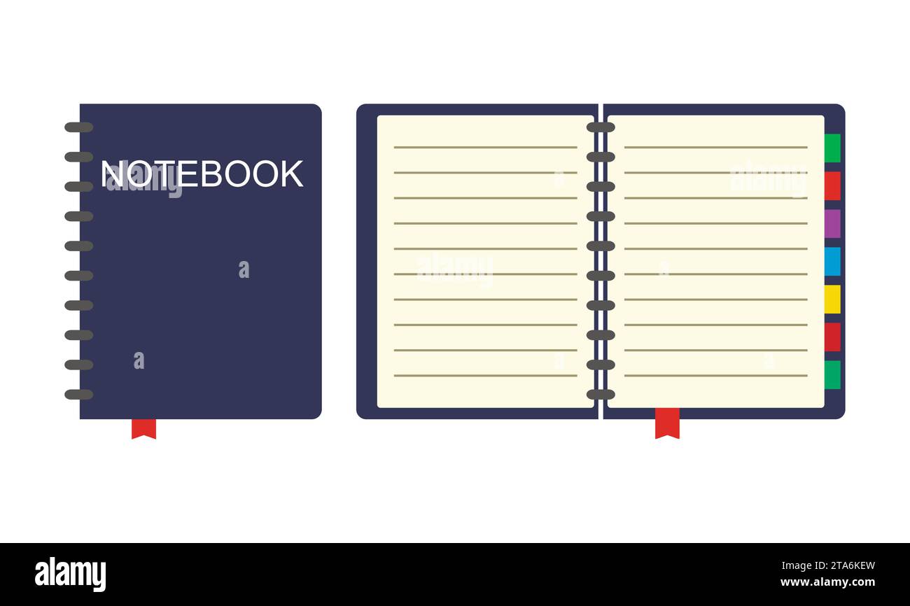 Icona notebook chiuso e aperto isolata su sfondo bianco, illustrazione vettoriale Illustrazione Vettoriale