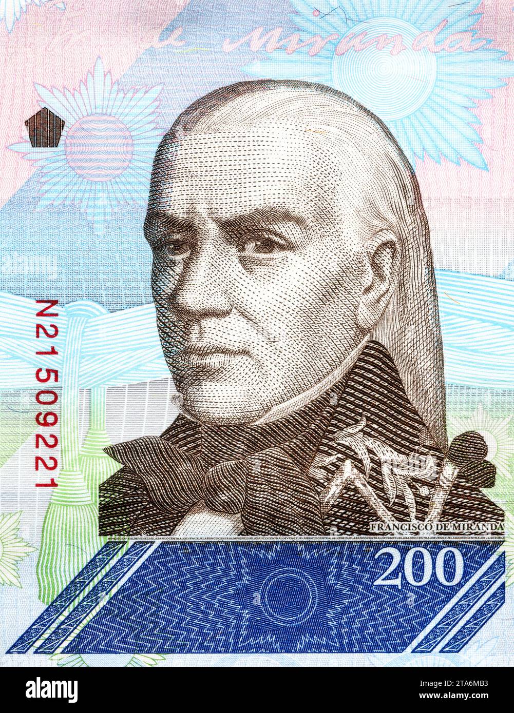 Francisco de Miranda (1750 - 1816). Ritratto da Banknote venezuelana. Leader militare venezuelano e rivoluzionario, lottatore per l'indipendenza Foto Stock