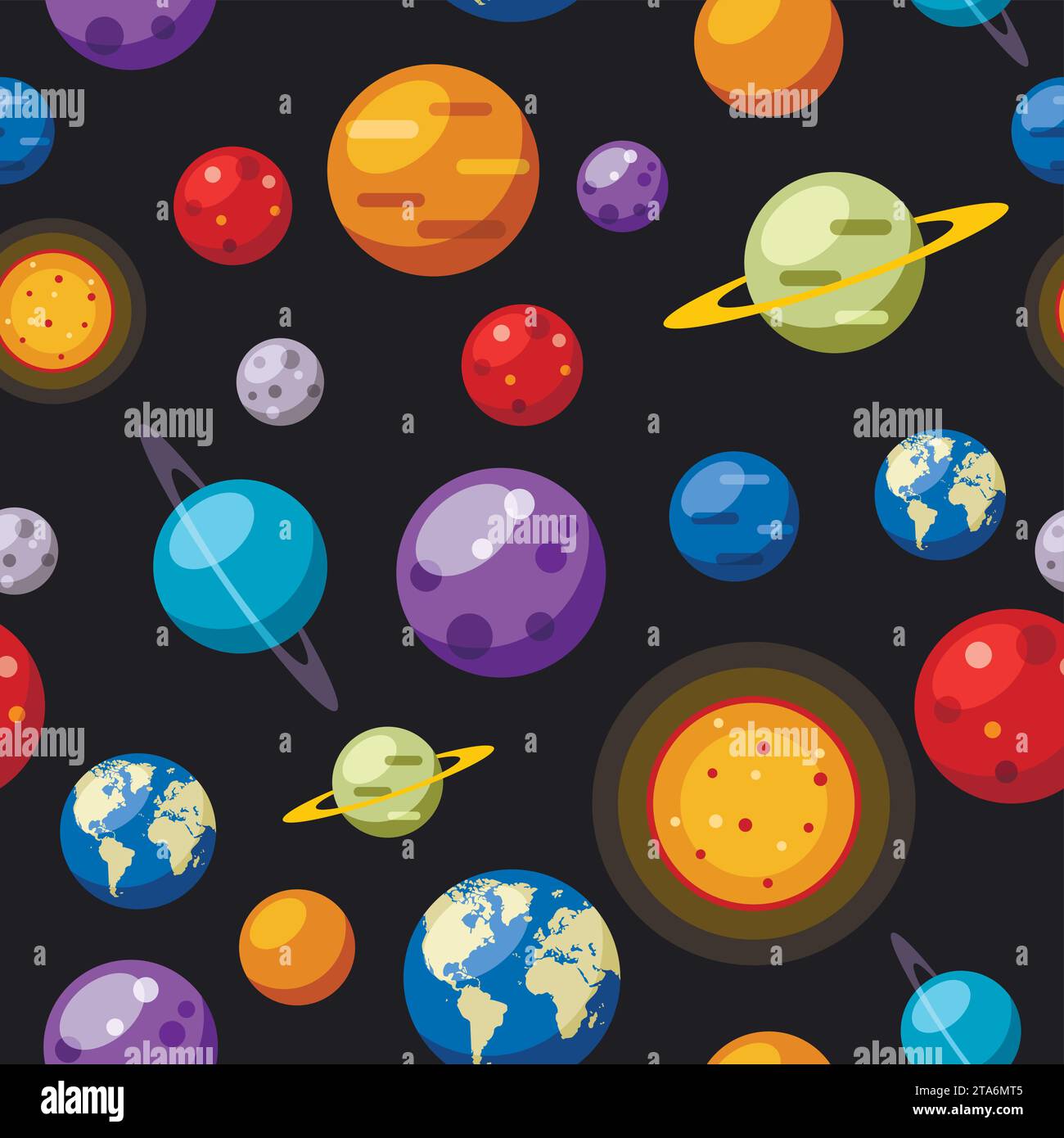 Modello senza cuciture con pianeti del sistema solare su sfondo nero. Vettore solare e planetario Illustrazione Vettoriale