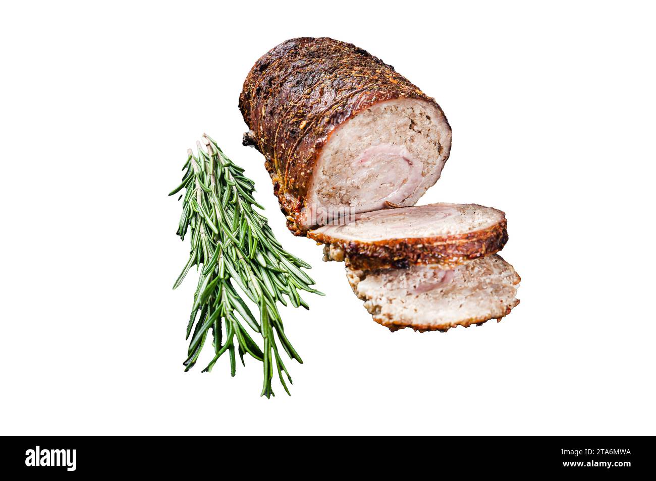 Porchetta di maiale cotta al forno, carne di maiale arrotolata su una tavola di marmo con erbe aromatiche. Isolata, sfondo bianco Foto Stock