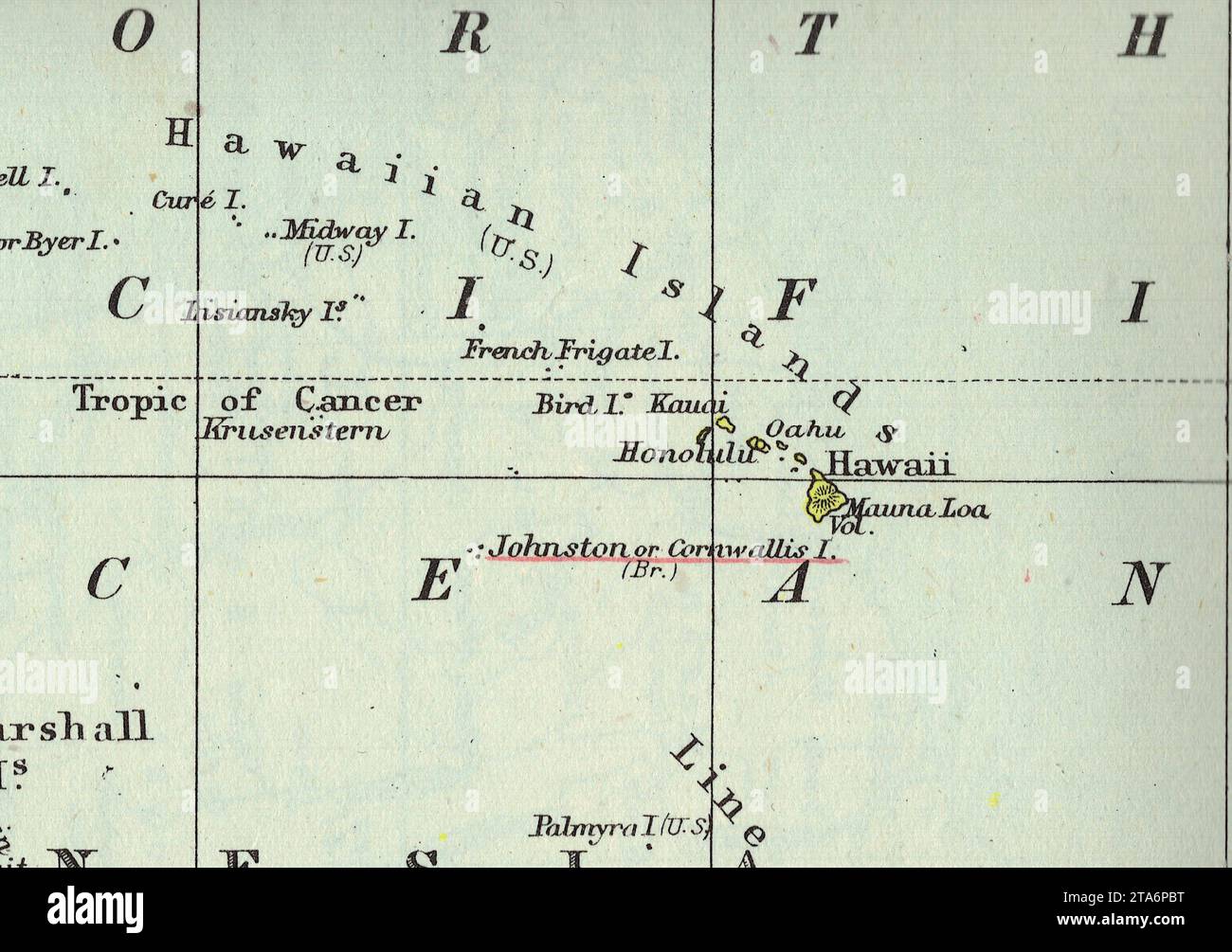 Una mappa politica d'epoca/antica delle Hawaii e delle isole circostanti in seppia. Foto Stock