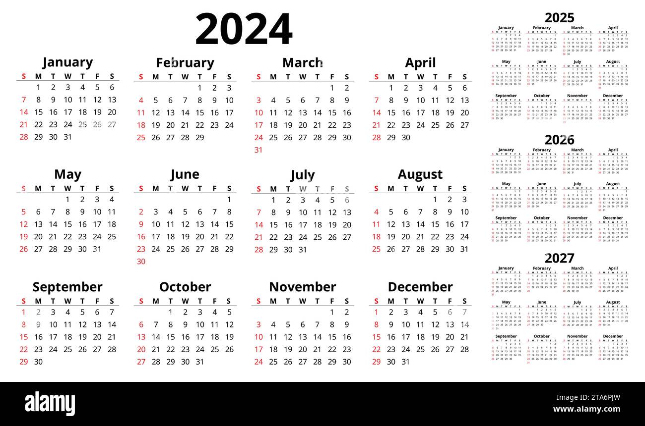 Vector 2024, 2025, 2026, 2027 calendari orizzontali inglesi. Semplice