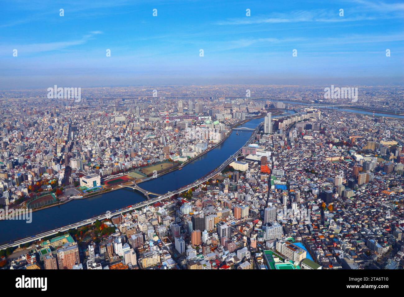 Vista aerea della città di Tokyo. Fiume Sumida in primo piano, fiume Arakawa sullo sfondo. Reparto di Sumida. Foto Stock