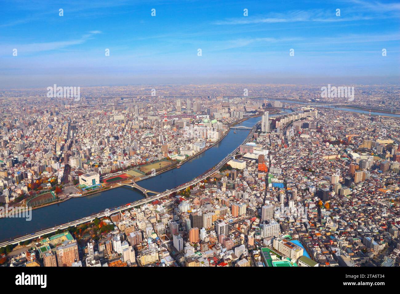 Vista aerea della città di Tokyo. Fiume Sumida in primo piano, fiume Arakawa sullo sfondo. Il reparto di Sumida in primo piano, quello di Taito a sinistra. Foto Stock