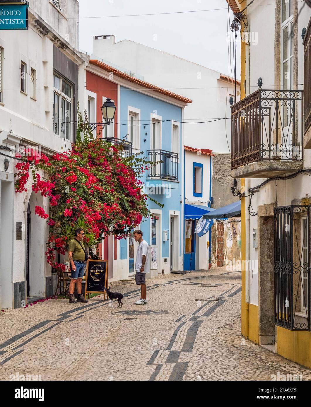 Strada nella vecchia sezione della città di Sines nella regione di Costa Azul in Portogallo Foto Stock