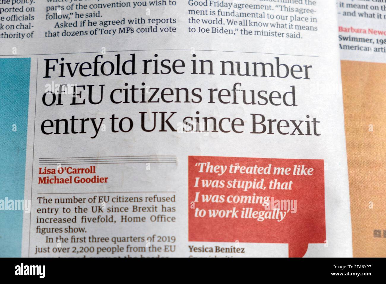 "Aumento quintuplicato del numero di cittadini dell'UE rifiutati di entrare nel Regno Unito dopo la Brexit", titolo del quotidiano Guardian Home Office European Immigration article 2023 UK Foto Stock