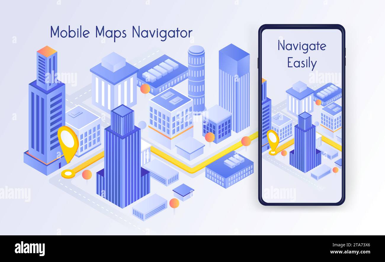 Mappa una piccola città con uno smartphone. Mappa del percorso GPS. App di navigazione sullo schermo. Illustrazione vettore isometrico. Illustrazione Vettoriale