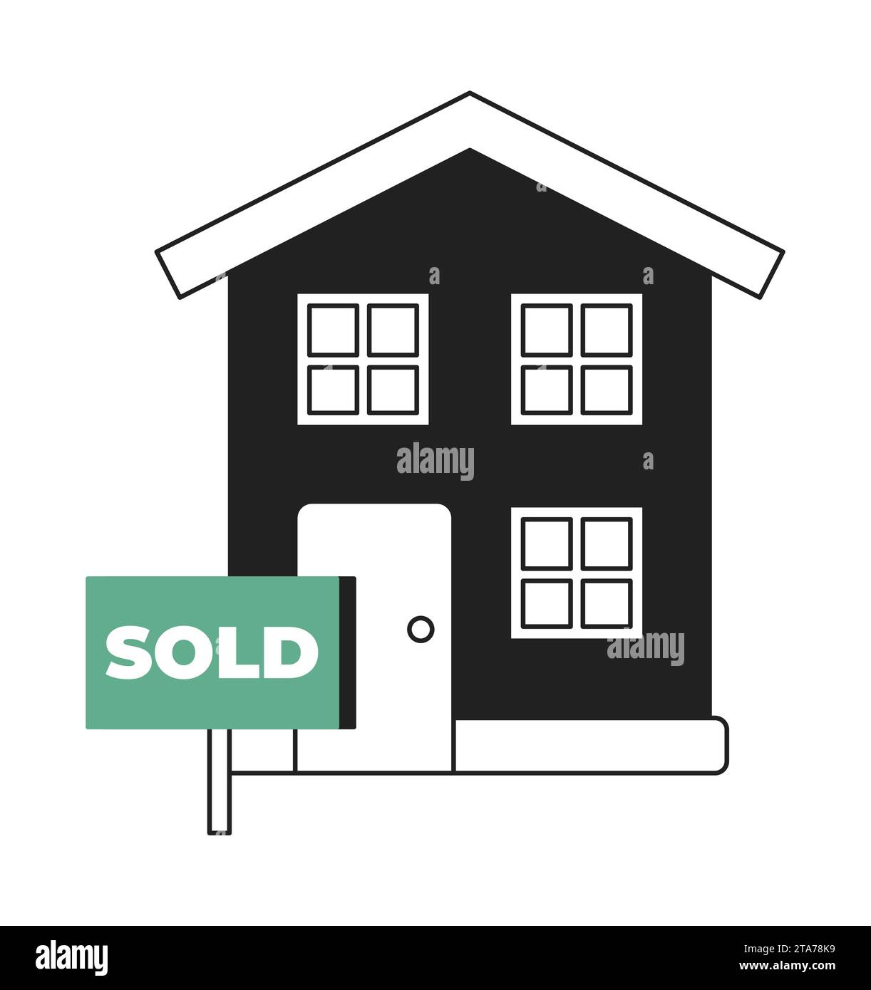 Concetto di illustrazione 2D in bianco e nero per l'insegna immobiliare venduta dalla casa Illustrazione Vettoriale
