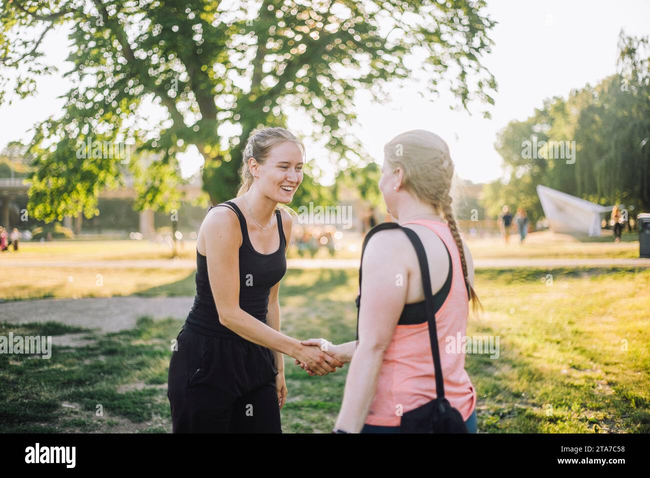 Donna sorridente che fa stretta di mano con un'amica al parco Foto Stock