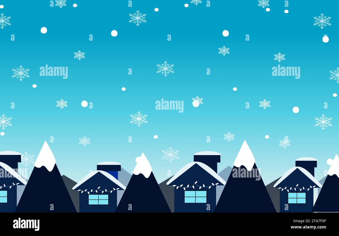 Neve nel villaggio, paesaggio invernale pianeggiante, fiocchi di neve e neve Illustrazione Vettoriale