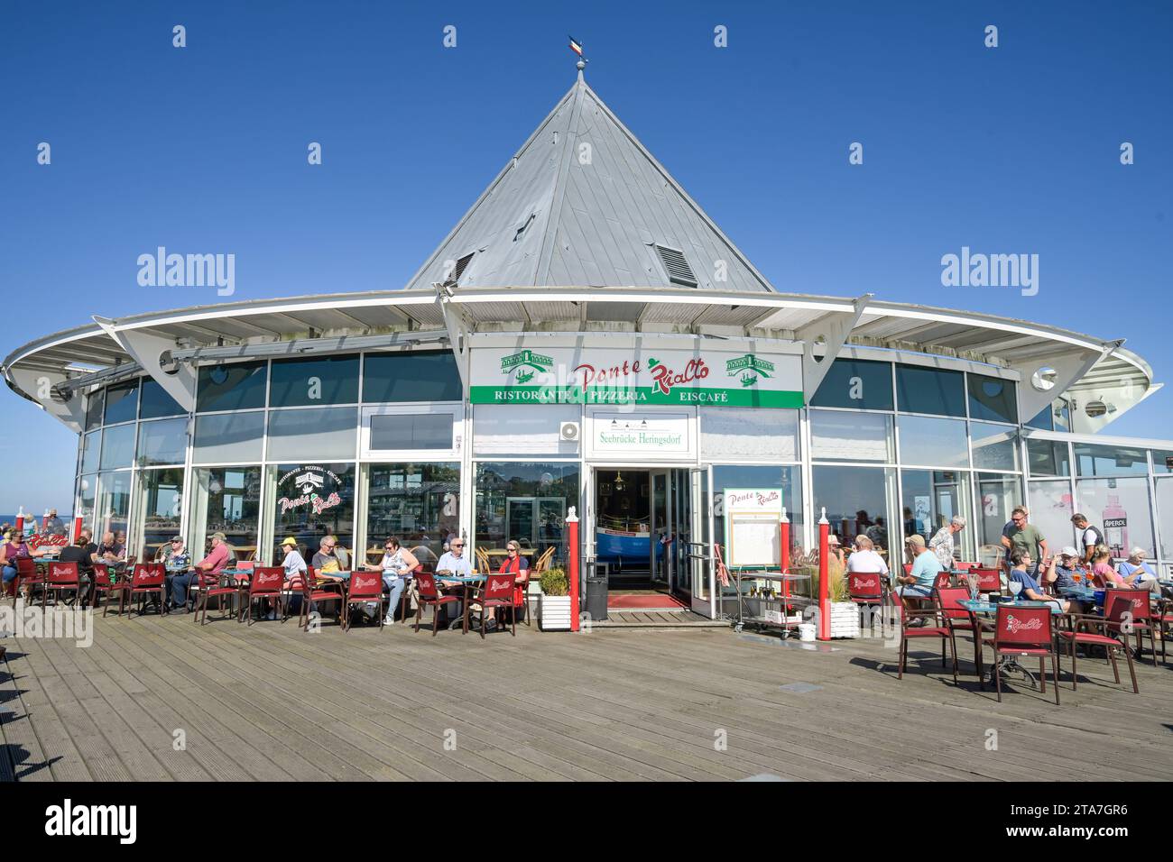 Ristorante Ponte Rialto, Kaiser-Wilhelm-Brücke, Seebrücke Heringsdorf, Usedom, Meclemburgo-Vorpommern, Deutschland Foto Stock