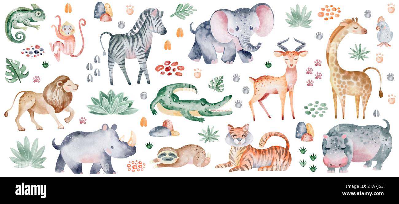 Animali africani su uno sfondo isolato. Clip ad acquerello con elementi di savana. Design per bambini per adesivi e decorazioni per pareti. Foto Stock