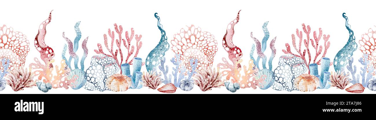 Confine sottomarino. Acquerello coralli e conchiglie su sfondo isolato per striscioni. Flora della natura marina oceanica. Foto Stock