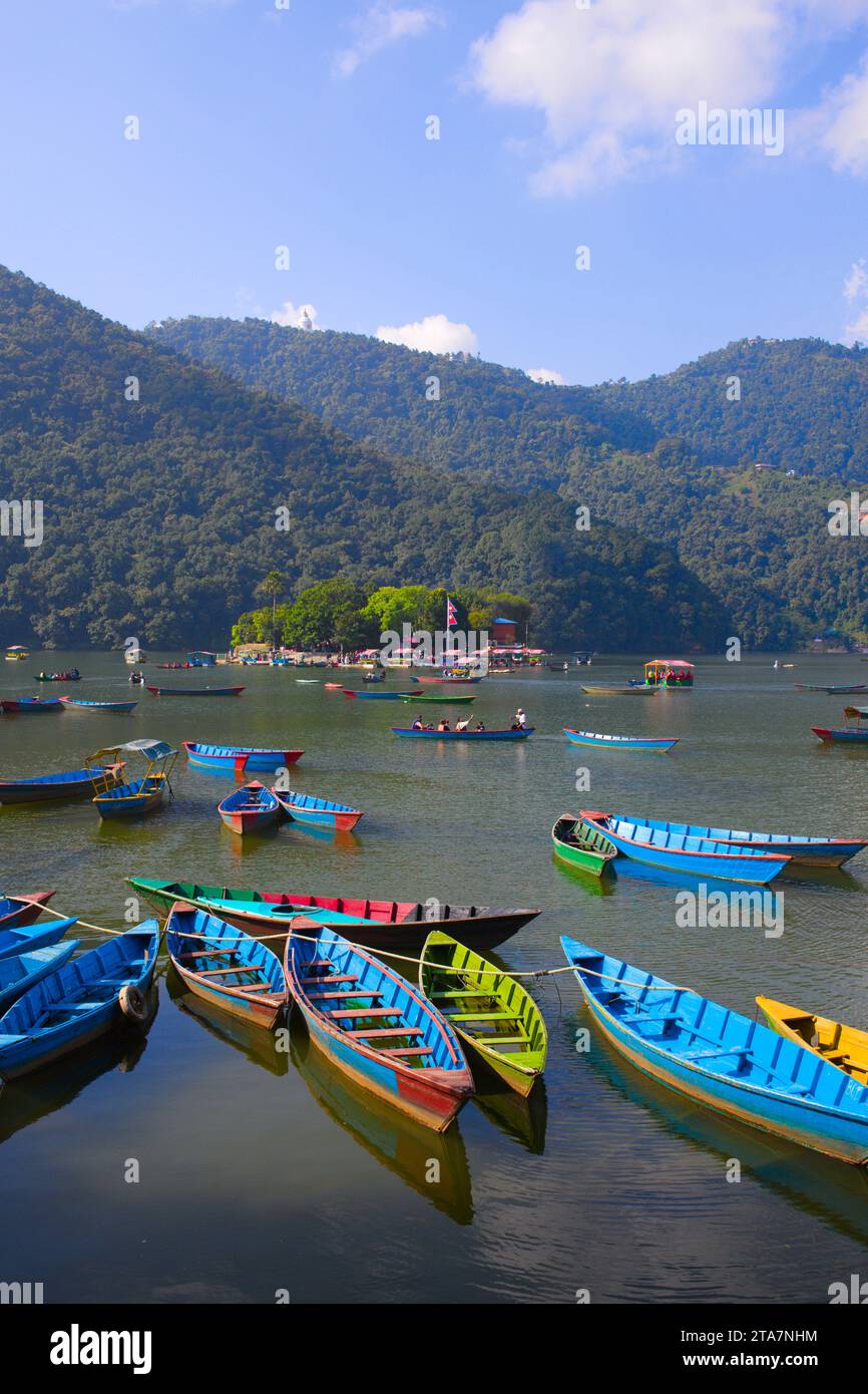 Nepal, Pokhara, Phewa tal, lago Phewa, barche, Foto Stock