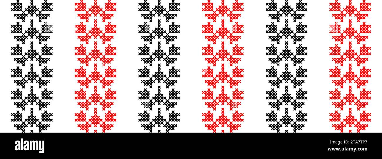 Motivo vettoriale ucraino senza cuciture. Decorazioni di colore nero e rosso. Motivo a righe verticali ucraino. Pixel art, vyshyvanka, croce Illustrazione Vettoriale