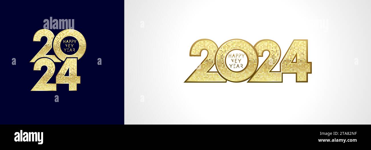Mosaico dorato 2024 - felice anno nuovo, logo con numeri. Illustrazione vettoriale con cifre e testo di lusso dorati. Concetti per biglietti di auguri o banner Illustrazione Vettoriale