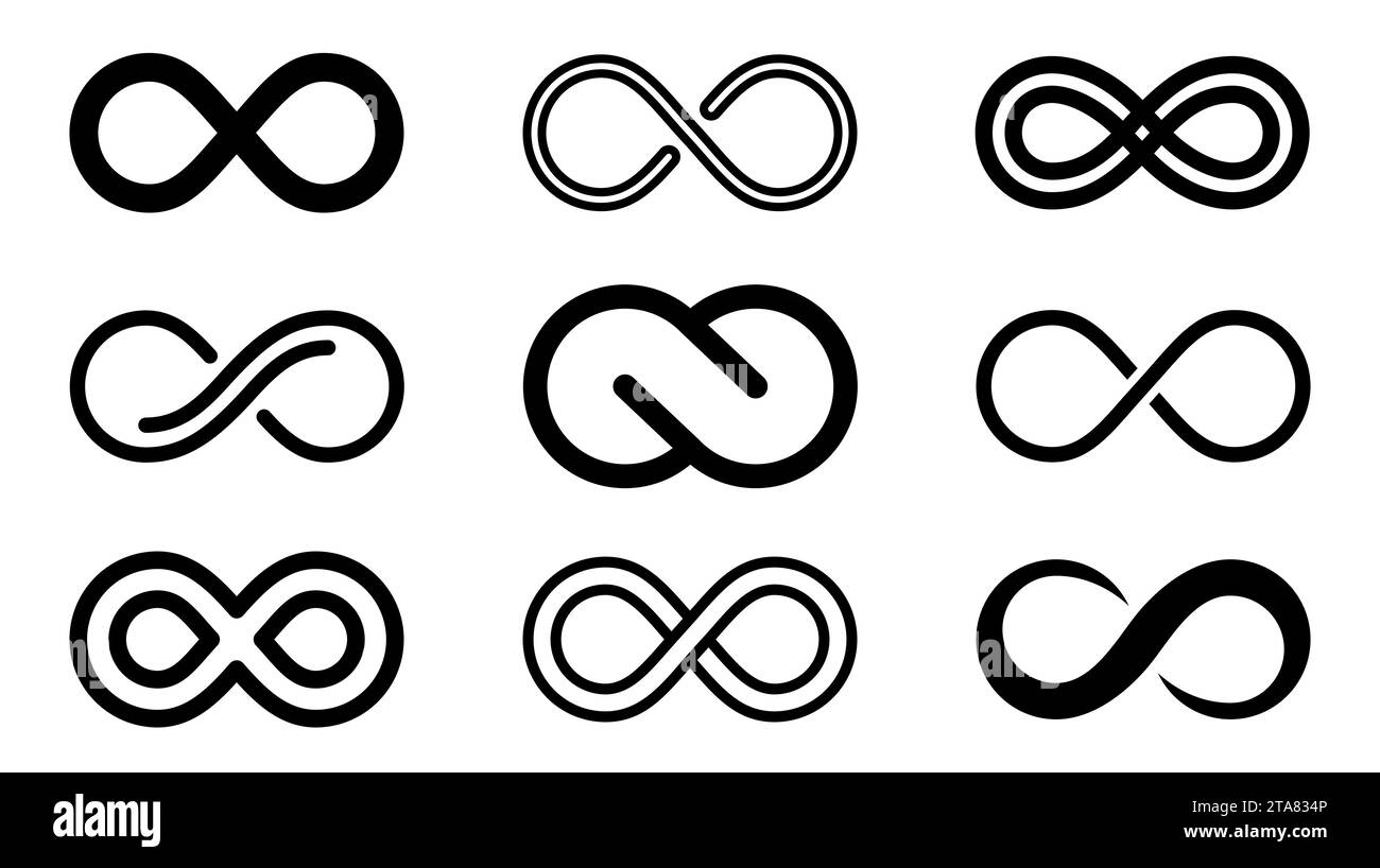 Icone infinito impostate isolate su sfondo bianco. Eterni, illimitati, infiniti, infiniti simboli infiniti. Illustrazione vettoriale della linea Mobius. Illustrazione Vettoriale