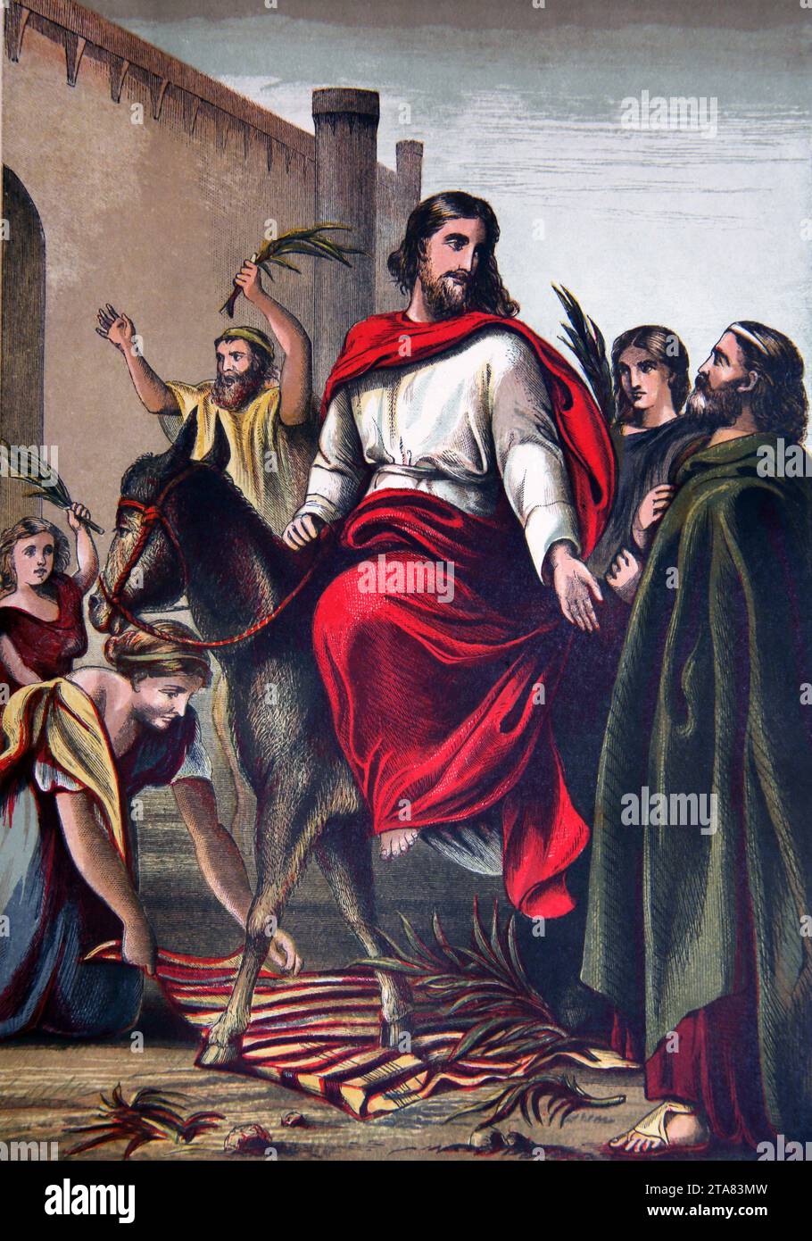Storia della Bibbia illustrazione entrata di Gesù nel nuovo Testamento di Gerusalemme (Vangelo) dall'altare della Bibbia domestica Foto Stock
