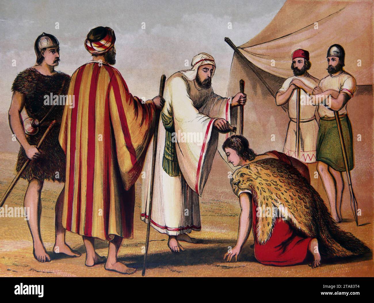 Illustrazione del profeta Samuele che annetta Davide ad essere re di Israele (Libro di Samuele) dall'altare della Bibbia domestica Foto Stock