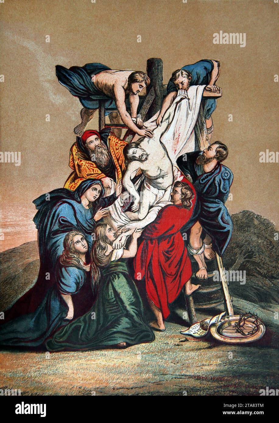 Illustrazione della discesa dalla Croce (Vangelo di Luca) nuovo Testamento dall'altare della Bibbia domestica Foto Stock